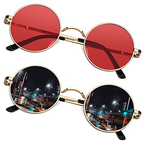 SUNIER John Lennon Glasses Sunglasses Small Round Men Women Shades Polarized Hippie Retro Circle Sun Glasses Gold Frame 2 Pack