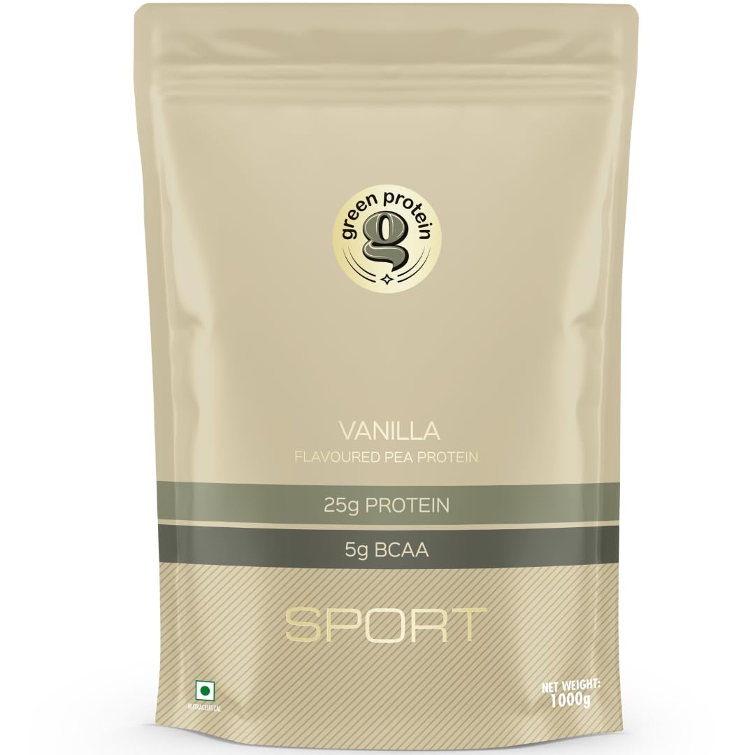 GREEN PROTEIN Sport Vegan Plant Pea Protein Isolate Powder, 25gm Protein, 5g BCAA Per Serving, No Added Sugar | Soy, Dairy, Gluten & Allergen Free | French Vanilla Flavor, Standup Pouch (1kg)