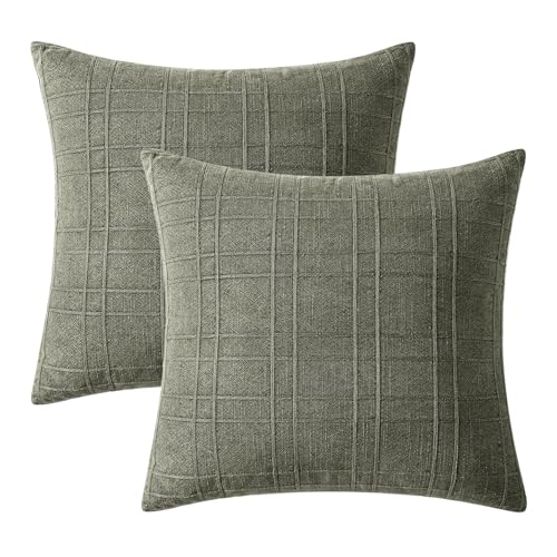 Image of MIULEE Decorative Linen Check Throw Pillow Covers Neutral Farmhouse Vintage Spring Pillow Covers 18x18 Set of 2 Boho Modern Home Decor for Sofa Couch Bedroom Cushion Olive Green