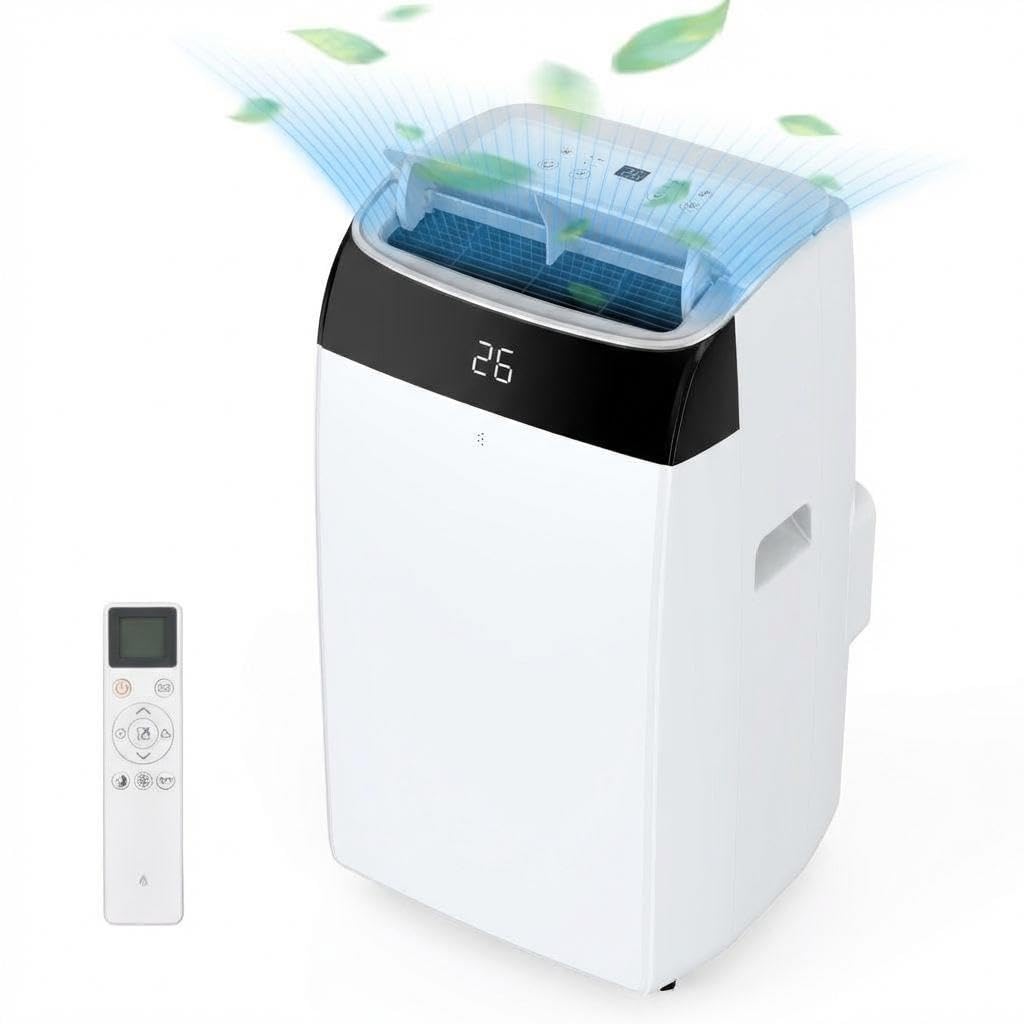 Garvee Aire Acondicionado Portátil 10000 BTU 3 en 1, hasta 30 m², Refrigeración Ventilación Deshumidificación, Mando a Distancia 24H, LED, Ruedas (blanco)