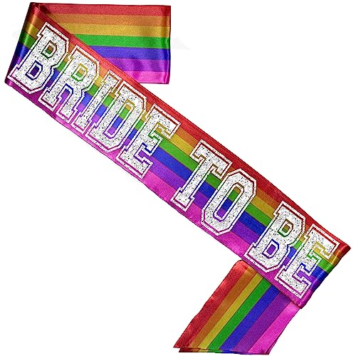Gay Bride Sash - Premium Bridal Grade Satin Silver Sparkle Sporty Bride to Be Rainbow Sash - Gay Pride Bachelorette Party Wedding Gift - Sash(SprtyB2B) RBW2