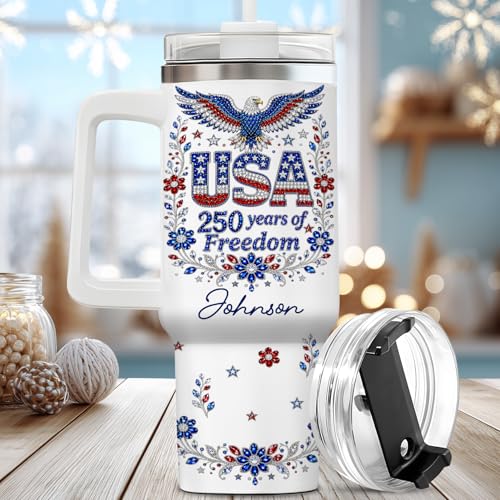 Image of Personalized 250th Anniversary Of America Tumbler - Custom Patriotic USA Flag 1776-2026 Gifts - US Eagle Freedom Cup 40oz A5 - American Independence Celebration Gifts For Men Women