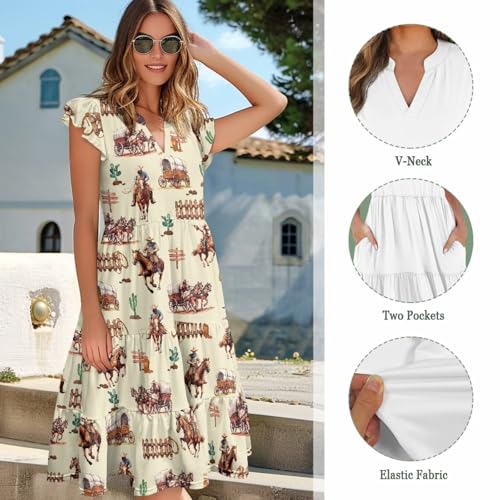 Image of Women's Casual Ruffle Sleeve Dress V Neck Pullover Dress Flowy A-Line Pleated Lightweight Dress with Pockets