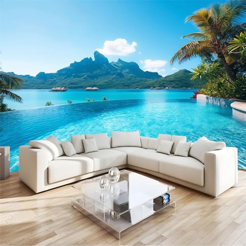 Papel pintado fotográfico de 200 x 140 cm (ancho x alto), decoración para sala de estar, dormitorio y oficina, océano Bora Bora, papel pintado con impresión en alta definición, póster azul