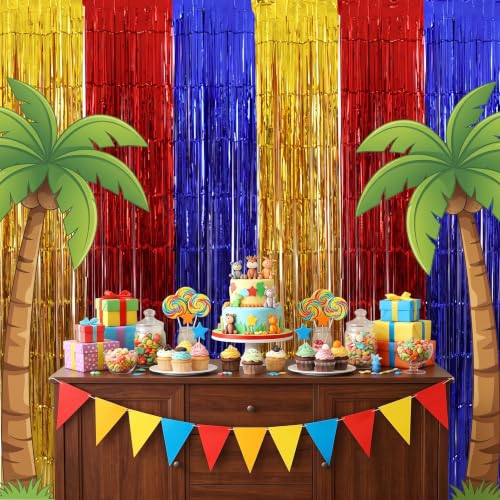 Image of TONIFUL 2Pcs Yellow Red Blue Metallic Tinsel Foil Fringe Curtains Streamers | 3.3ftx6.6ft Photo Booth Backdrop Door Curtain Streamer for Birthday Baby Shower Sports Party Holiday Celebration Decorations