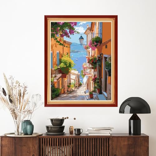 Image of Artvxeay Stamped Cross Stitch Kits - Embroidery Kits for Beginners Cross Stitch Kits for Adults 11 CT Printed Patterns Needlepoint Kits- Seaside Street View 16x20 inch