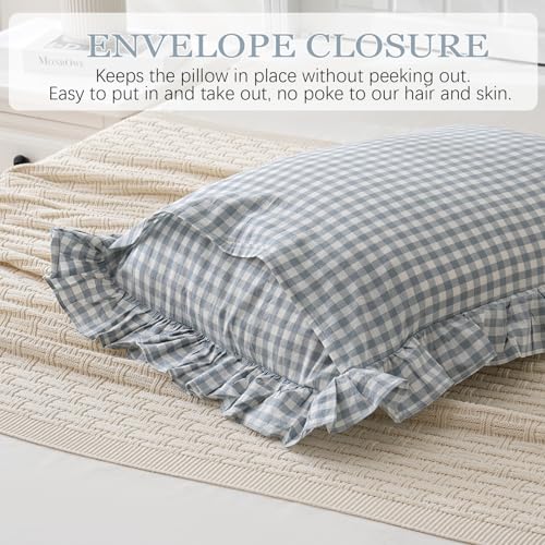 Blue White Plaid Euro Pillow Shams Ruffle Pillowcases Set of 2,Shabby Checkered Washed Cotton Pillow Covers-26 x26,Blue/White Plaid
