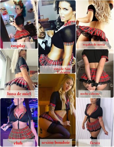 Miniatura 4 de Avidlove Lencería De Colegiala Para Mujer, Conjunto De Lencería Con Falda Plisada A Cuadros, Disfraz Sexy Para Estudiantes, Negro , M