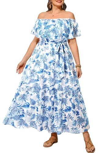 Image of Plus Size Chiffon Off The Shoulder Maxi Long Floral Summer Casual Beach Boho Sundress Women 2024