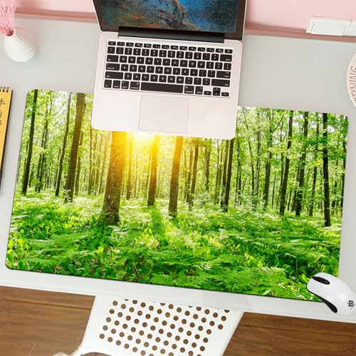 QRFASFZO - QRFASFZO Tapis de Souris Gaming - 30x80 cm - Tapis de Souris Esports - Ne Glisse jamais - Couverture complète du Bureau - Ensemble de forêt, forêt Printemps Feuillage Frais Rayons de Soleil Lever de