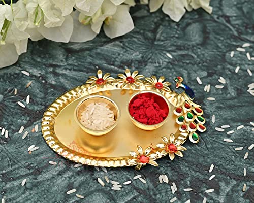 Image of JAIPUR ACE Ganesha Rakhi Gift Set | Wooden Beads Rakhi with Golden Peacock Pooja Thali & Roli Chawal | Perfect Rakshabandhan Gift for Brother, Bhaiya, Bhai, Bhabhi