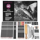 HIFORNY Juego de 46 lápices de dibujo para bocetos, suministros de arte con lápices de carbón de colores, grafito, carbón, herramientas de mezcla, accesorios, kit de dibujo para artistas adultos