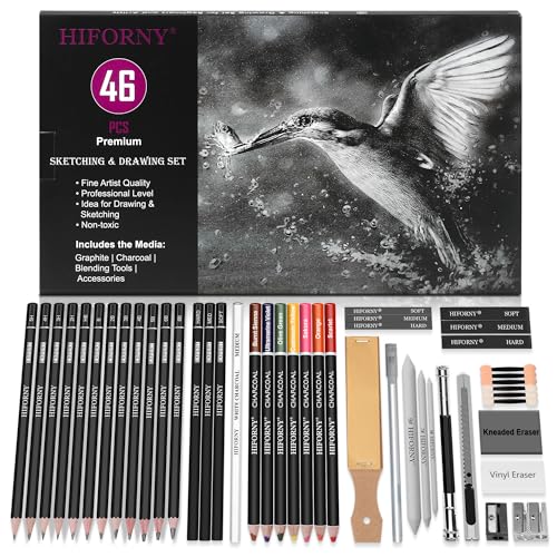 HIFORNY スケッチ描画鉛筆セット 46本 スケッチ鉛筆 画材 色付きチャコール鉛筆 グラファイト チャコール ブレンドツール アクセサリー お絵かきキット 大人のアーティスト向け