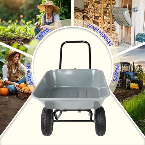 Dual Wheel Wheelbarrow, Heavy Duty Garden Cart, 300 lbs Capacity Utility Cart with Two 15 inches Pneumatic Tires for Outdoor Lawn Yard Farm Ranch (Gray) - Thumbnail 7
