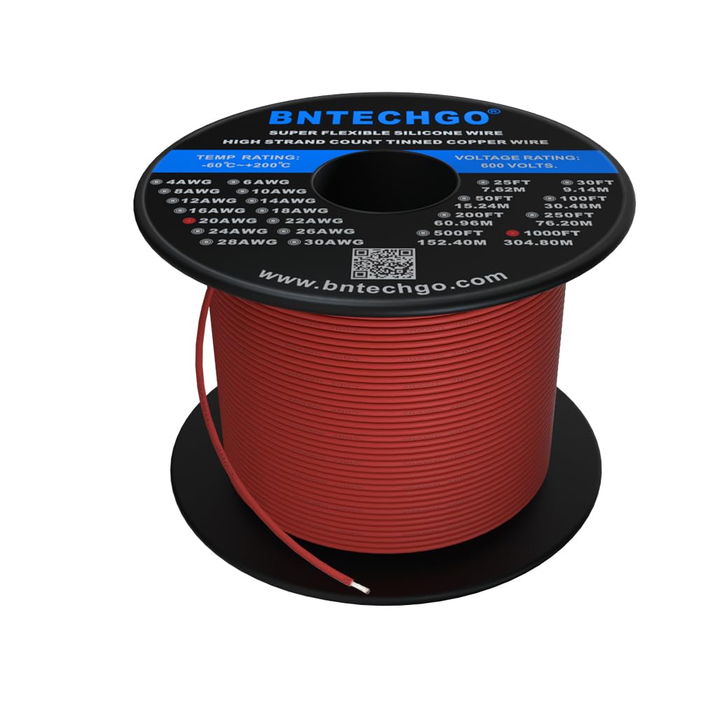 BNTECHGO 20 Gauge Silicone Wire Spool 1000 ft Red Flexible 20 AWG Stranded Tinned Copper Wire