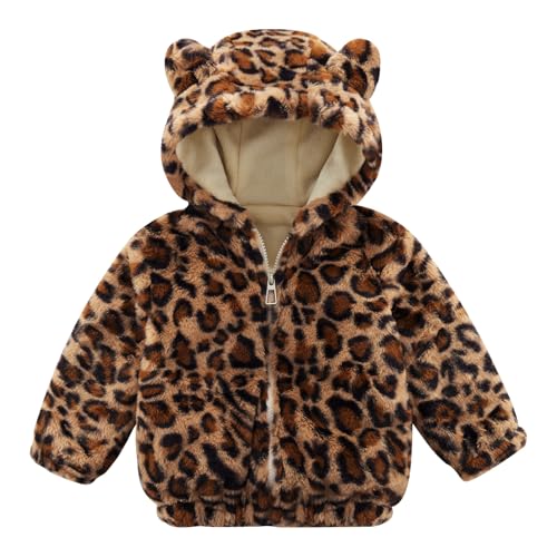 Patgoal Toddler Girls Fleece Jacket Bear Ear ZipUp Leopard Hooded Coat Fall Winter Fuzzy Warm Outerwear with Pocket 2-7T