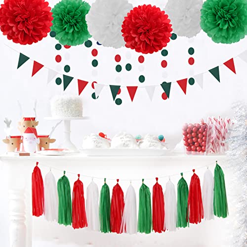 Image of Red-Green White Party-Decorations - 23pcs Mexico Italy Tissue Pom Poms Streamers,Tassel Garland Banner,Mexican Italian Birthday Wedding Baby Shower Decor Bunting Lasting Surprise