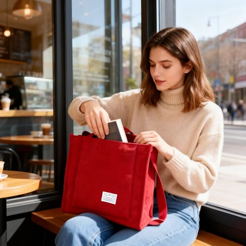 Image of UERRUAM Tote Bag for Women with Compartments,Corduroy Tote for Work Travel College Book Bag Women Purse Handbag Crossbody Bag