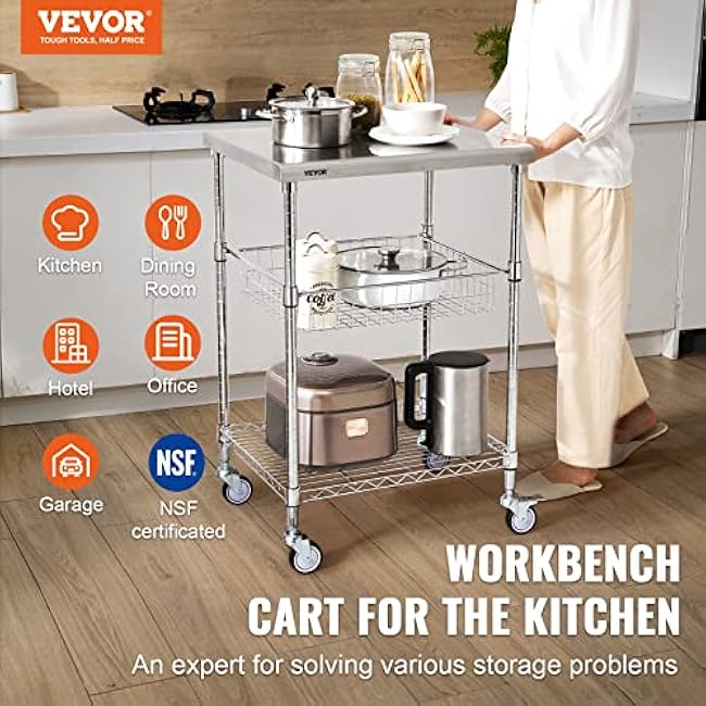 VEVOR Kitchen Utility Cart, 36.6x20x24 3 Tiers Wire Rolling Cart, 470LBS Capacity Steel Service Cart with Brake Wheels, Storage Trolley with 76mm Basket PP Liner 6 Hooks, for Indoor & Outdoor Use-bxndfYd3