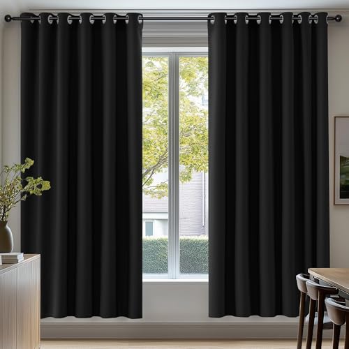 Image of Deconovo Thermal Insulated Wide Black out Curtains Energy Saving Noise Reducing Eyelet Blackout Curtains for Living Room Bedroom, 90 x 72 Drop Inch, 1 Pair, Black