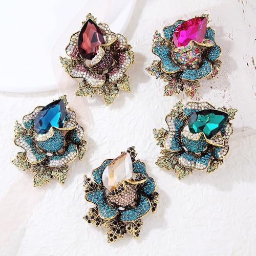 Image of Rhinestone Flower Brooch For Women Crystal Rose Flower Brooch Pin Big Size Rhinestone Crystal Flowers Broochs Stylish Rhinestone Rose Flowers Pin Elegant Clothing Hat Bag Accessories