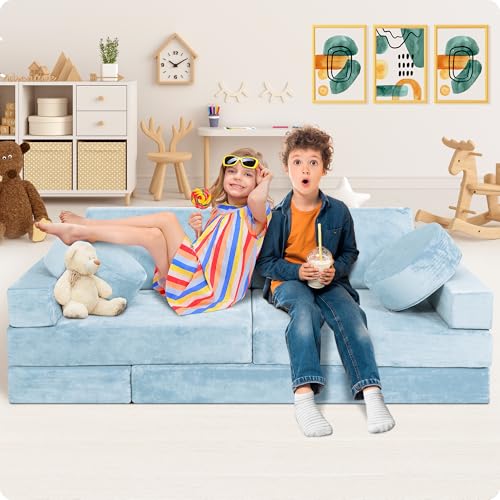Lunix LX15 14pcs Modular Kids Play Couch, Child Sectional Sofa, Fortplay Bedroom and Playroom Furniture for Toddlers, Convertible Foam and Floor Cushion for Boys and Girls, Blue