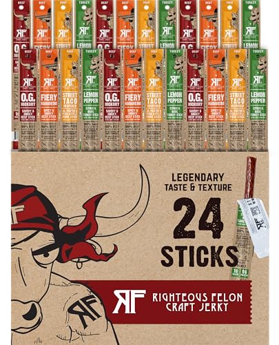 Righteous Felon Meat Sticks Variety Pack | Healthy Snack for Adults | Gluten Free & Keto Meat Sticks | Low Sugar & High Protein | Turkey, Pork, Beef Sticks | Jerky Gifts for Men | 24 Pack