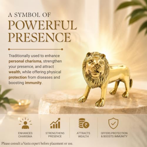 Image of Brass Lion Statue | Weight - 2140 G (Approx) | Size-5 x 9INCH | Vastu Remedy | Zonal Placement -North-North-East | Lion Statue for Home Decor | Showpiece