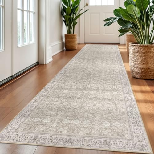 2.6x10 Cream Beige White Grey Washable Runner Rug for Kitchen, Soft Classic Runner with Non-Slip, Non-Shedding Distressed Floral Rug for Hallways Entryway Bedroom Laundry Indoor