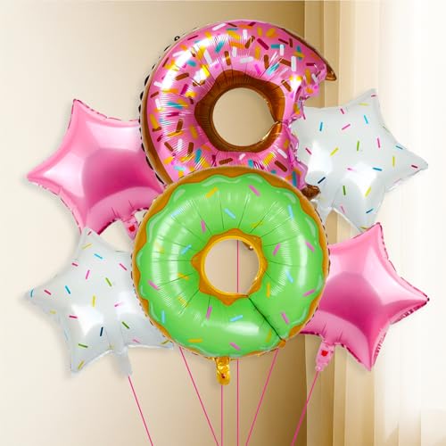 Image of Party Propz Donut Balloon Combo Kit - 6 Pcs Donut Foil Balloons for Decoration with Pink Star Foil Balloons, Multicolor Balloon Kit for Girls Room Decoration (Foil)