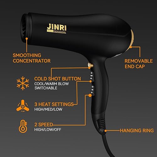 Miniatura 5 de JINRI - Secador de pelo difusor de 2000 W para salón y uso personal, potente, secado rápido con difusor y boquilla para mujeres y hombres, enchufe