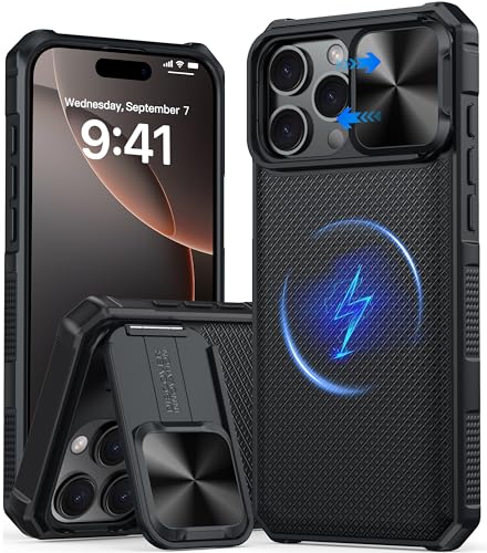 Image of Magnetic for iPhone 16 Pro Case [Slide Camera Cover] [Compatible with Magsafe] [Kickstand] [Military Grade Protection] Shockproof Rugged Case for iPhone 16 Pro,Black