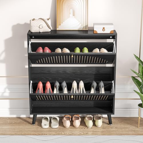 Shoe Storage Cabinet for Entryway with 2 Flip Drawers, Narrow Wood Shoe Cabinet with Fluted Panel, Freestanding Hidden Shoe Organizer for Foyer, Hallway (Black - No Shelf)