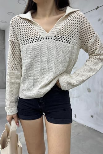Women's V Neck Long Sleeve Crochet Knit Sweater3