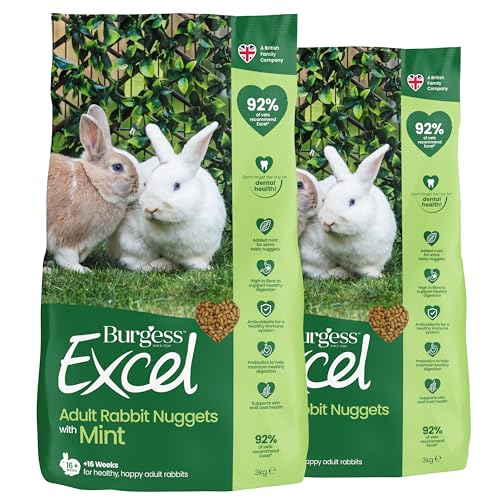 Burgess Excel Adult Rabbit Food with Mint 6kg Rabbit Nuggets for Adult Rabbits High Fibre Mint Pellets (Pack of 2)