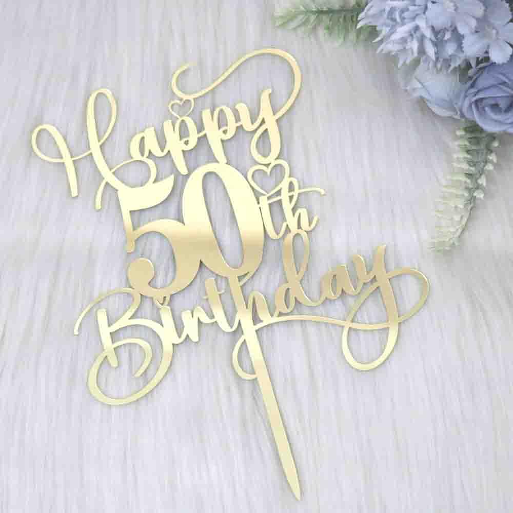 Ruscalin Happy 50th Birthday Cake Topper，Mirrored Gold Acrylic Birthday Topper for Cheers to 50 Years Birthday/Anniversary Party Decoration Ideas, Perfect Keepsake for your family and friends(50th)