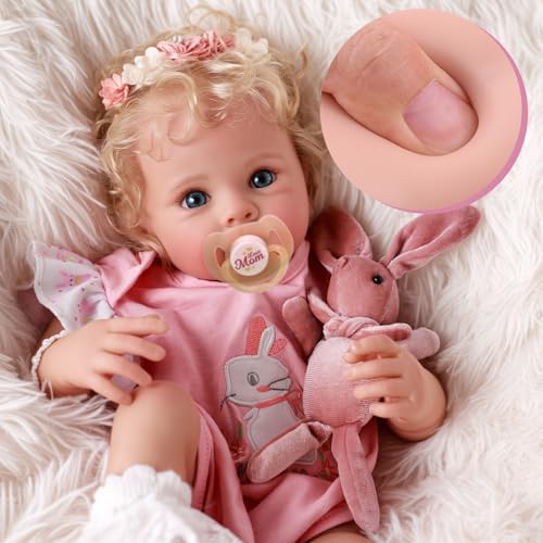 BABESIDE Reborn Baby Dolls Bettie - 17 Inch Soft Body Realistic Baby Doll Girl Lovely Awake Blond Curly Hair Girl Bebe Reborn de Silicona Real Life Baby Dolls with Gift Box for Kids Age 3+ Collectors