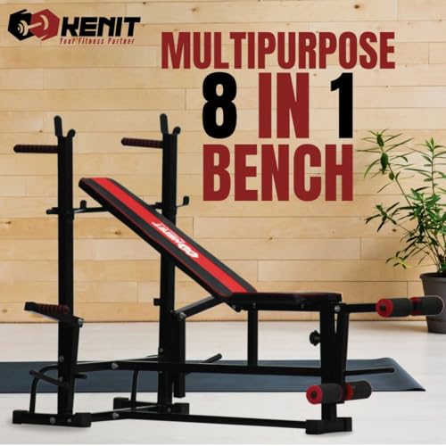 Image of 40KG Steel Weight Plates Combo with 8-in-1 Home Gym Bench, 5Ft Plain Rod, 3Ft Curl Bar (23mm), Dumbbell Rod Pair & Accessories