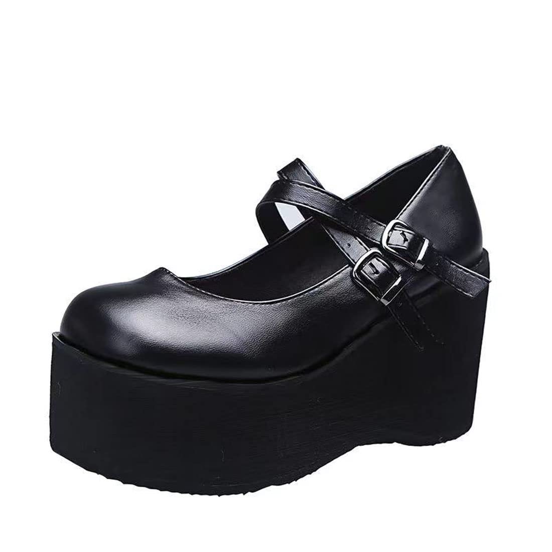 Ulalaza Pombas de Vestir de Mujeres Mary Jane Zapatos Lolita Linda Plataforma gótica Doble Correa de Tobillo Redondeo Redondo Pombas de Uniformes de tacón Chunky Zapatos