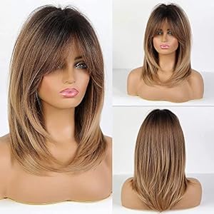 Ombre Brown Wigs for Women,Shoulder-Length Layered Wigs with Bangs Heat Resistant Synthetic Fibre Wigs