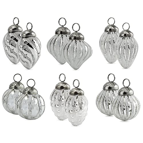 AuldHome Small Glass Finial Ornaments (Set of 12, Silver White); Distressed Metal Antique Style Christmas Decorations; Small to Medium Tree Sized