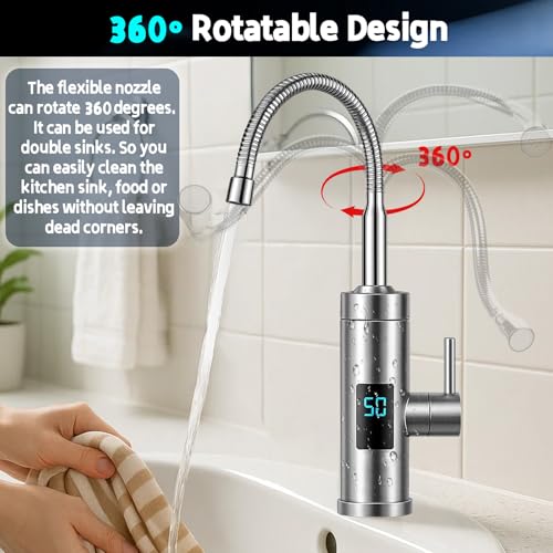 Elektrischer Wasserhahn mit Durchlauferhitzer,2025 Upgrade 220V 3000W 360° Edelstahl Heiß- Und Kaltwasserhahn mit LED Temperaturanzeige, Max.60℃ Heizung Smart Heater Wasserboiler für Küche Wohnwagen