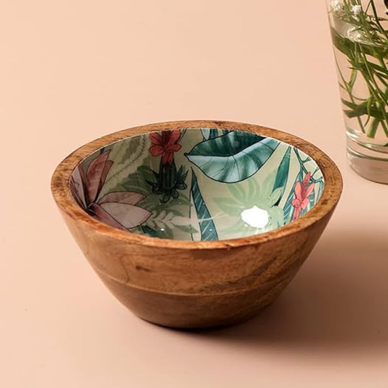 Wooden Serving Bowl for Snacks & Dry Fruits | Green Printed Multipurpose Bowl for Dining & Kitchen | Handcrafted Snacks Bowl (6 Inches, Set of 1)