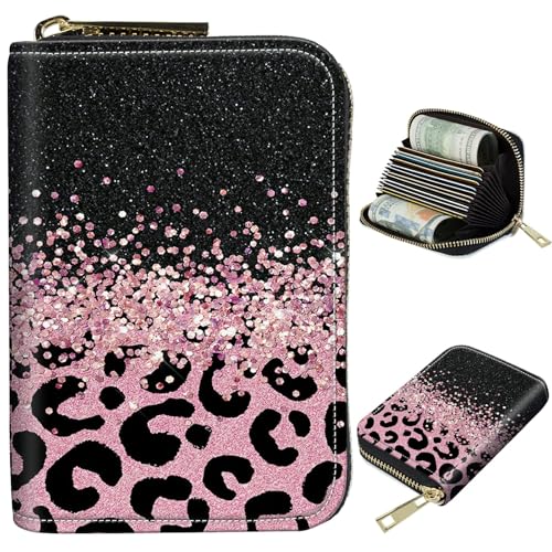 Image of Cute Credit Card Holder with Zipper, Pink Glitter Leopard RFID-Blocking Card Case Small Wallet for Women Men, Multi-slot Card Organizer Case Travel Accordion Wallet