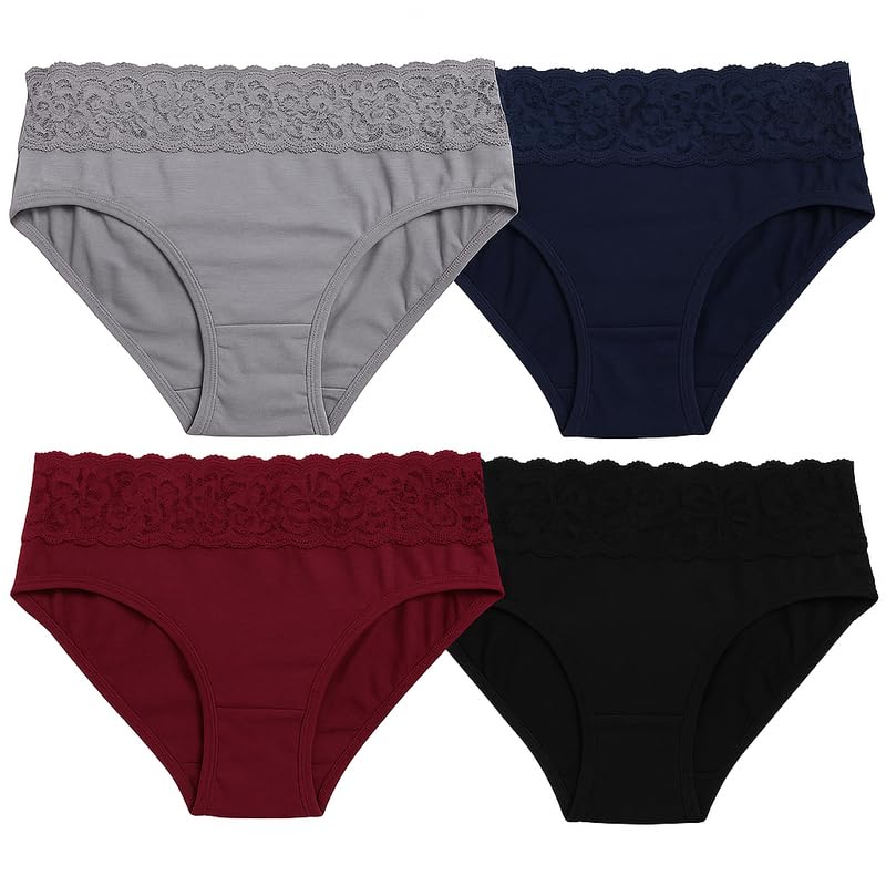 Women's High-Waist Cotton Panties with Floral Lace Trim – Size M Pack of 4(Black,Grey,Blue, Maroon) – Soft, Breathable Underwear-picture-19