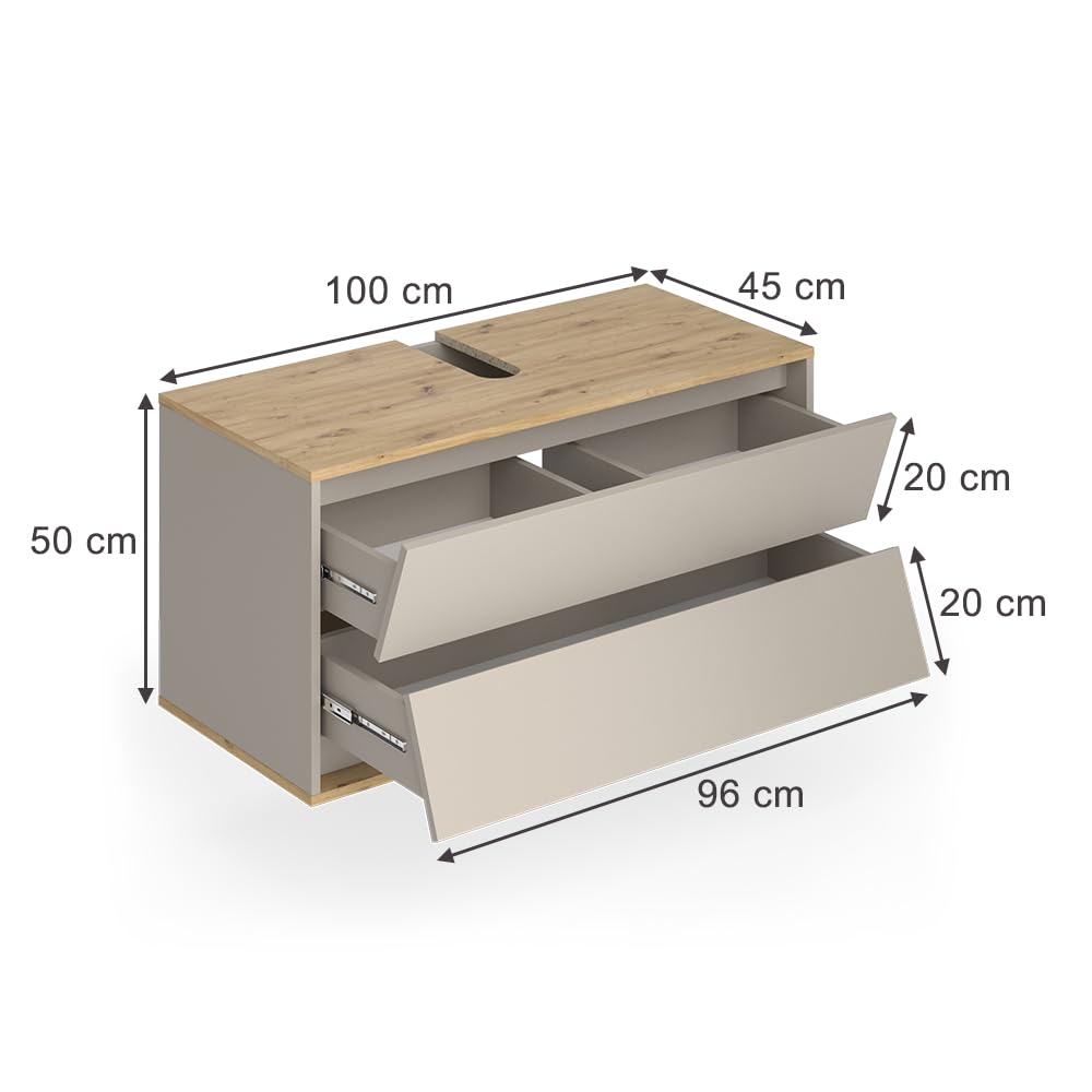 Vicco Mobile sottolavabo per bagno Edelin, Cachemire, 100 x 50 cm | con 2 cassetti, per montaggio a parete e compatibile con sifoni standard