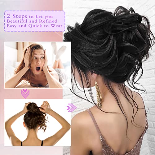 Pwsap Hair Bun Extensions,Hairpiece Hair Rubber Scrunchies Curly Messy Bun Wavy Wrap Ponytail Chignons Bridal Hairstyle Voluminous Wavy Messy Bun Updo Hair Pieces w/ Hair Rope & Hairpin,Black - Image 2