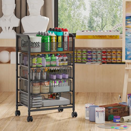 Image of Yociyoga 5-Tier Craft Cart with Wheels-Rolling Storage Cart with Drawers,Rolling Utility Cart with DIY Divider,Art Supply Organizer Cart,Rolling Cart with Drawers,Craft Organizers and Storage,Black