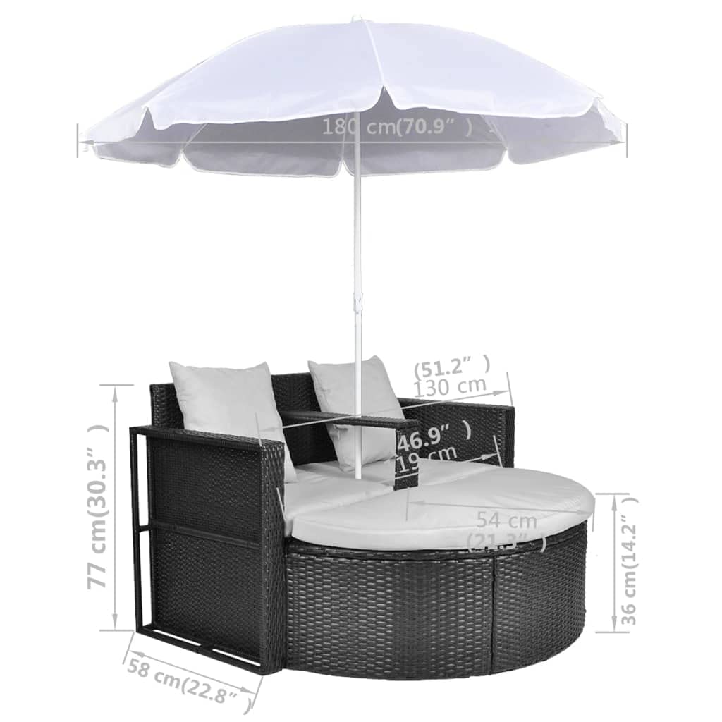 Lit de jardin avec parasol, marron en polyrotin, île de salon, chaise longue avec repose-pieds amovible et coussin lavable pour terrasse, balcon, piscine