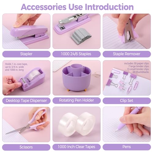 SKYDUE Purple Office Supplies Set, Purple Office Desk Accessories 10PCS, Pencil Holder for Desk, Stapler, Tape Dispenser, Scissors, Ruler, Binder/Paper Clips and 1000pcs Staples,Desk Supplies Set - Image 5